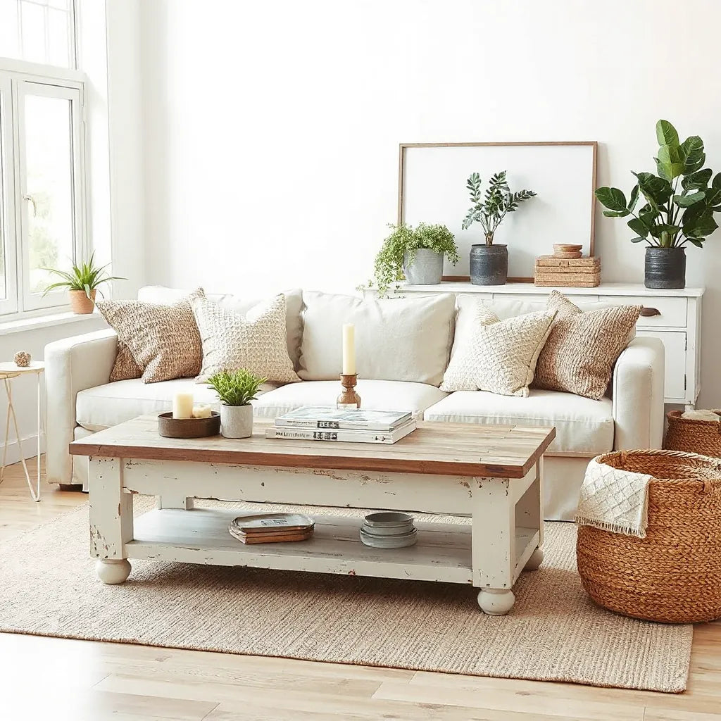 Cozy farmhouse living room with neutral sofa, reclaimed wood table, woven baskets, and soft natural light