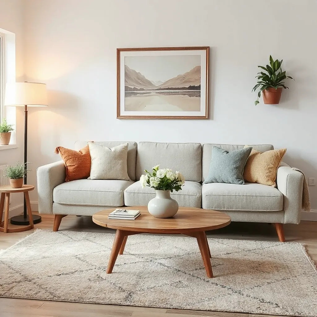 Bright living room styled with neutral sofa, throw pillows, rug, flowers, and warm lamp