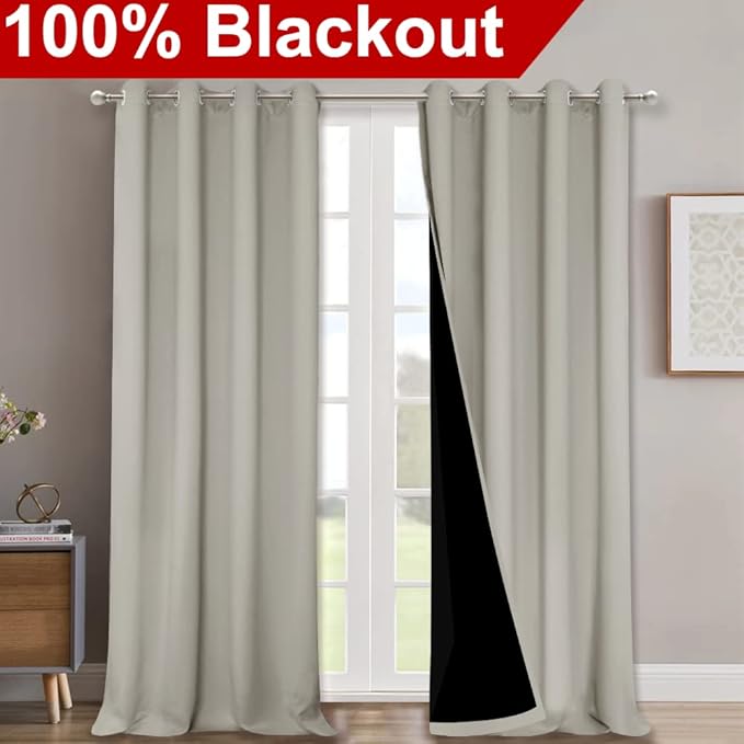 NICETOWN Natural 100% Blackout Curtains for Windows, Super Heavy-Duty Black Lined Total Darkness Drapes for Bedroom, Privacy Assured Window Treatment for Patio (Pack of 2, 52 inches W x 108 inches L)
