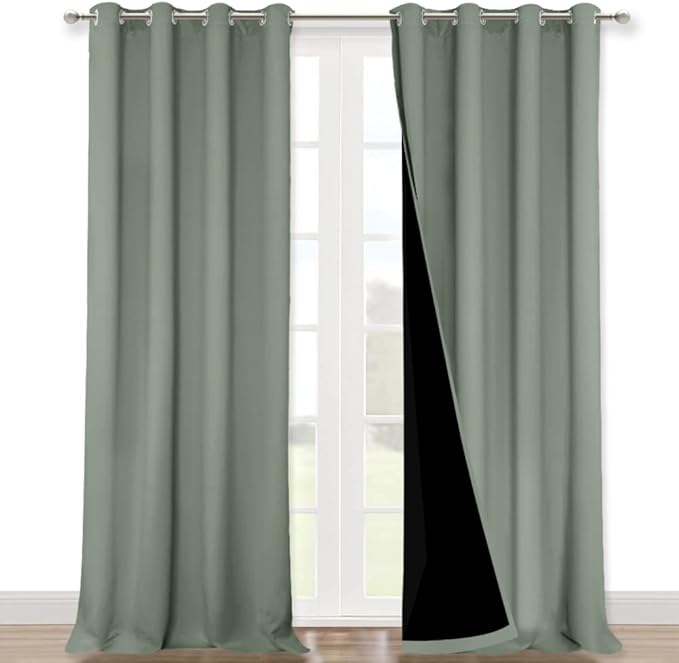 NICETOWN 100% Blackout Window Curtain Panels, Heat and Full Light Blocking Drapes with Black Liner for Nursery, 102" Drop Thermal Insulated Draperies (Greyish Green, 2 Pieces, 52" Wide Each Panel)