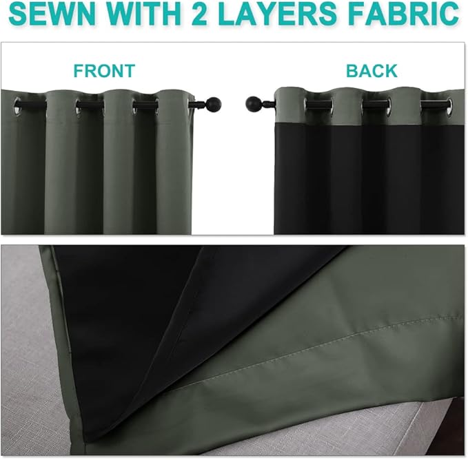 NICETOWN Dark Mallard 100% Blackout Curtains 45 inches Long, 2 Thick Layers Completely Blackout Window Treatment Thermal Insulated Lined Drapes for Small Window (1 Pair, 52 inches Width Each Panel)