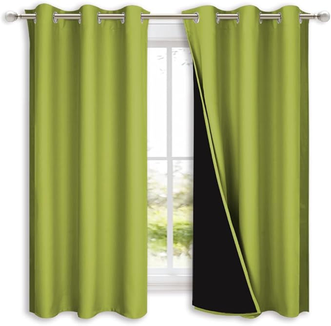 NICETOWN 100% Blackout Curtains 45 inches Long, Fresh Green, 1 Pair, 42 inches Width Each Panel, 2 Thick Layers Completely Blackout Window Treatment Thermal Insulated Lined Drapes for Small Window