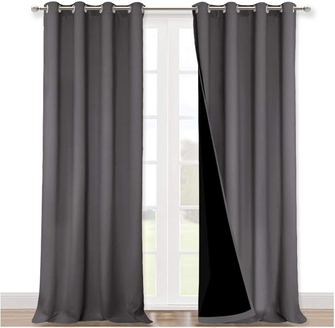 NICETOWN 100% Blackout Blinds, Set of 2, 52 inches x 102 inches, Laundry Room Decor Window Treatment Curtains for Large Patio Sliding Door, Thermal Insulated Grey Curtains for Bedroom
