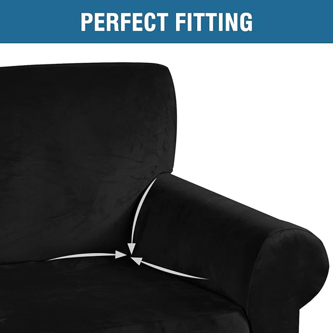 H.VERSAILTEX Stretch Velvet Loveseat Covers for 2 Cushion Couch Covers for Living Room Sofa Covers Slipcovers with Non Slip Straps Bottom, Ultra Thick Comfy Velour (Width 58"-72", Black)