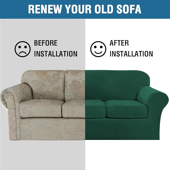 H.VERSAILTEX Modern Velvet Plush 4 Piece High Stretch Sofa Slipcover Furniture Protector Form Fit Velvet Extra Large Sofa Cover for 3 Cushion Couch Width Up to 105 Inch(XL Sofa, Vintage Green)