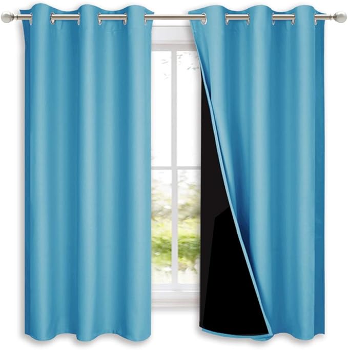 NICETOWN 100% Blackout Curtains with Black Liners, Thermal Insulated Full Blackout 2-Layer Lined Drapes, Energy Efficiency Window Draperies for Bedroom (Teal Blue, 2 Panels, 42-inch W by 63-inch L)