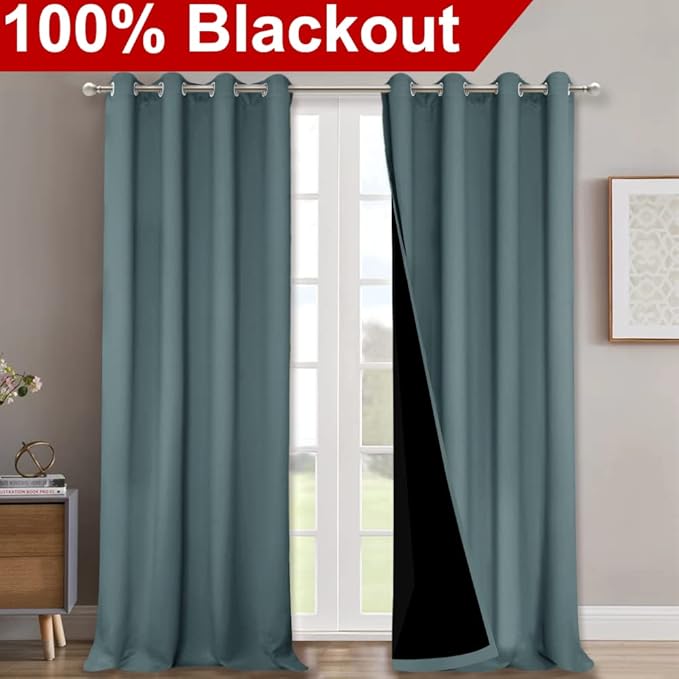 NICETOWN Full Shading Curtains 90" Long 2 Panels Set for Windows, Super Heavy-Duty Black Lined Blackout Curtains for Bedroom, Privacy Assured Window Treatment (Greyish Blue, Pack of 2, 52" W)