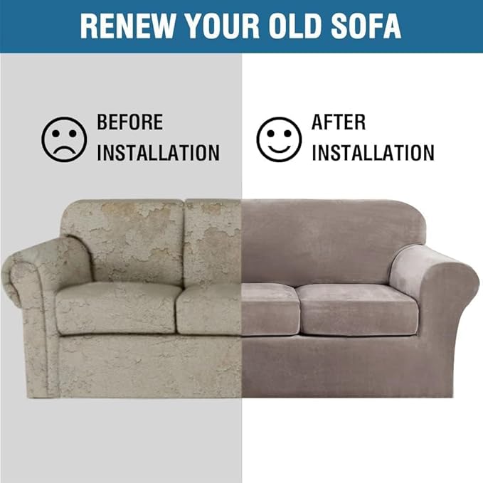 H.VERSAILTEX High Stretch Sofa Slipcover 4 Piece Cover Velvet Furniture Protector Form Fit Thick Velvet Extra Large Sofa Cover for 3 Cushion Couch Width Up to 97 Inch (Large Sofa, Taupe)