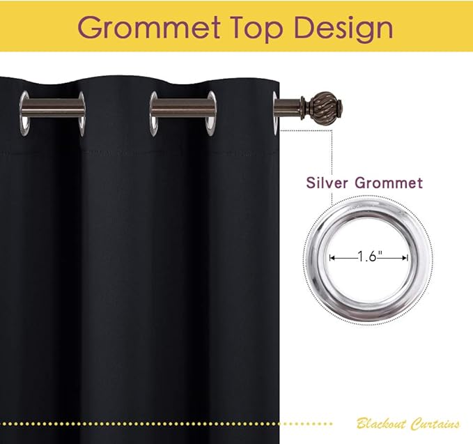 NICETOWN Black Curtains for Boys Room, Set of 2, W34 x L60, Blackout Thermal Insulated Window Treatment Solid Grommet Room Darkening for Bedroom/Night Shift