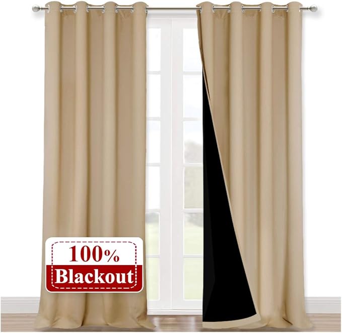 NICETOWN Thermal Insulated 100% Blackout Curtains, Biscotti Beige, 1 Pair, 52 inches x 102 inches, Sound Proof Drapes with Black Backing, Full Light Blocking Panels for Patio Sliding Door