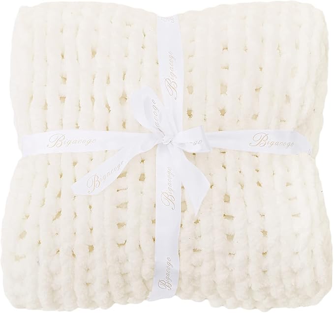 Bigacogo Chunky Knit Throw Blanket for Couch, 51x63 inches, 100% Hand Knitted with Thick Jumbo Chenille Yarn, Cozy Soft Large Rope Knot Cable Crochet Blankets for Sofa Bed Living Room, Ivory