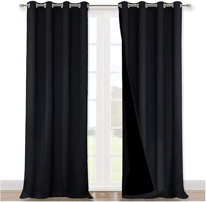 NICETOWN Extra Long Truly Blackout Drapes for Hall and Villa, 100% Blackout Window Curtain Panels with Black Lined for Night Shift Worker, 52-inch Width Each Panel, 108-inch Length, Black, 2 Pieces