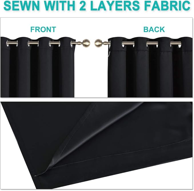 NICETOWN 100% Blackout Window Curtain Panels, Full Light Blocking Drapes with Black Liner for Nursery, 78 inches Drop Thermal Bedroom Drapes and Curtains (Black, 2 Pieces, 55 inches Wide Per Panel)