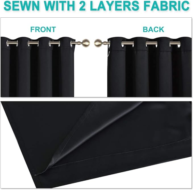NICETOWN Extra Long Truly Blackout Drapes for Hall and Villa, 46-inch Width Each Panel, 45-inch Length, Black, 2 Pieces, 100% Blackout Window Curtain Panels with Black Lined for Night Shift Worker