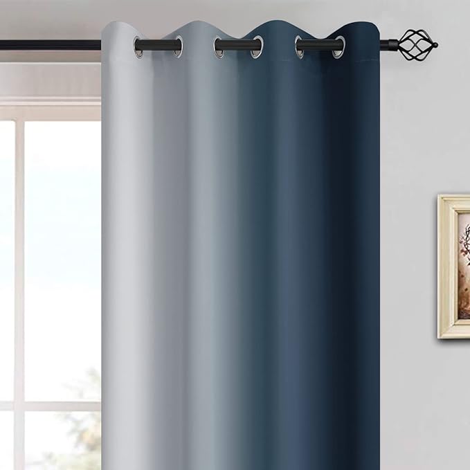 Yakamok Room Darkening Ombre Curtains 72 Inch Length, Navy Blue and Greyish White Thermal Insulated Gradient Color Curtains,Light Blocking Grommet Window Drapes for Bedroom,52 Inch Width,2 Panels