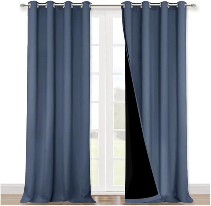 NICETOWN Room Warming Curtains, 100% Sun Blocking Curtains, Sound Proof Drapes with Black Backing, Full Light Blocking Panels for Patio Sliding Door (Stone Blue, 1 Pair, 52 inches x 108 inches)