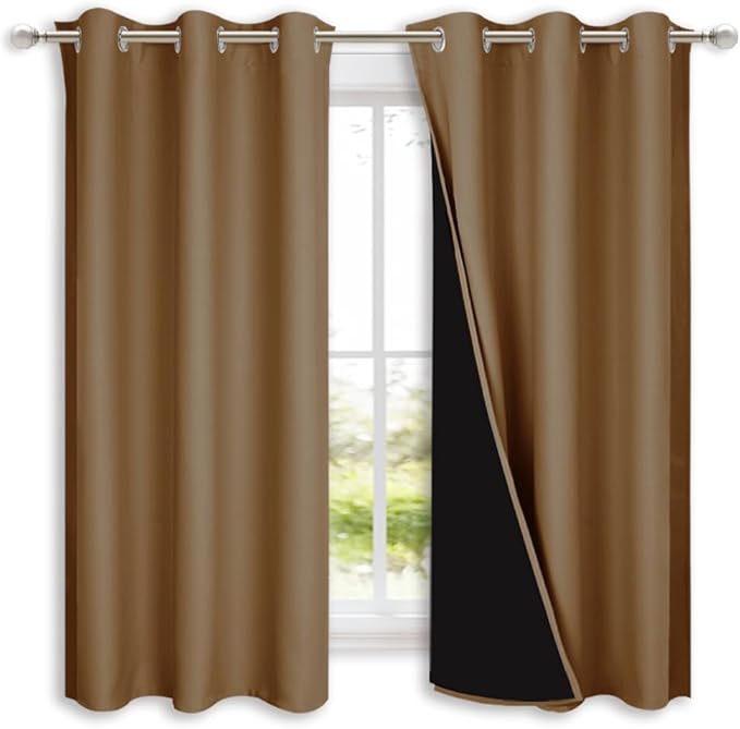 NICETOWN 100% Blackout Curtains 54 inches Long, Gold Brown, 1 Pair, 42 inches Width Each Panel, Double-Deck Completely Blackout Window Treatment Thermal Insulated Lined Drapes for Small Window