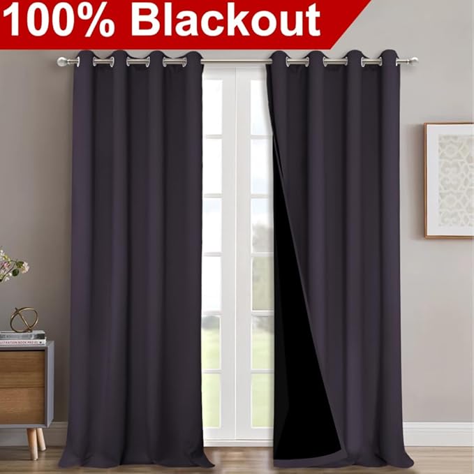 NICETOWN 100% Blackout Curtains for Windows, Pack of 2, Greyish Purple, 52" W x 120" L, Super Heavy-Duty Black Lined Total Darkness Drapes for Bedroom, Privacy Assured Window Treatment for Patio