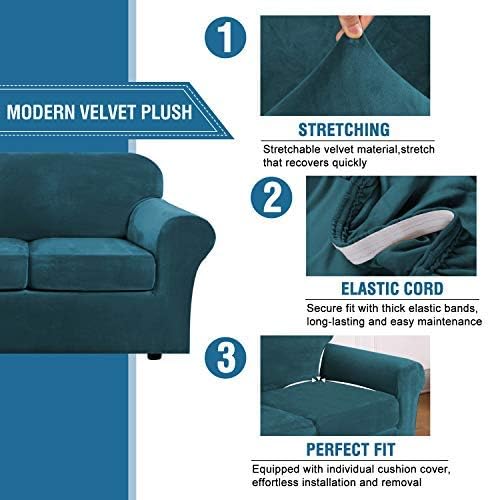 H.VERSAILTEX Velvet 4 Piece High Stretch Sofa Slipcover Cover Furniture Protector Form Fit Luxury Thick Velvet Extra Large Sofa Cover for 3 Cushion Couch Width Up to 105 Inch (XL Sofa, Deep Teal)