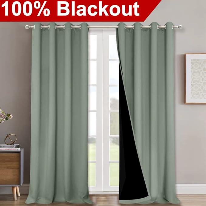 NICETOWN 100% Blackout Blinds, Set of 2, 46" x 96", Greyish Green, Laundry Room Decor Window Treatment Curtains for Large Patio Sliding Door, Thermal Insulated Curtains for Bedroom