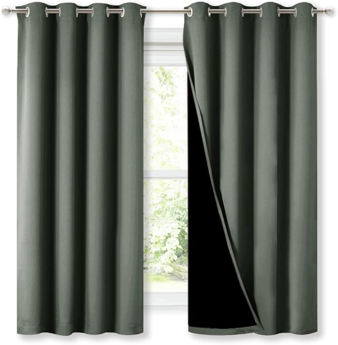 NICETOWN Dark Mallard 100% Blackout Lined Curtains, 2 Thick Layers Completely Blackout Window Treatment Thermal Insulated Drapes for Kitchen/Bedroom (1 Pair, 52" Width x 63" Length Each Panel)