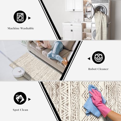 2x8 Washable Kitchen Runner Rug: Modern Moroccan Runners for Hallway Soft Non Slip Rugs with Rubber Backing Low Pile Thin Waterproof Floor Carpet for Entryway Bedroom Bathroom Indoor 2x8 Beige