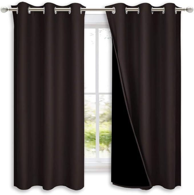 NICETOWN 100% Blackout Short Curtains with Black Liners, 2 Panels, 37" W by 60" L, Toffee Brown, Solid Thermal Insulated Full Blackout 2-Layer Lined Drapes, Energy Efficiency Window Drapes for Bedroom