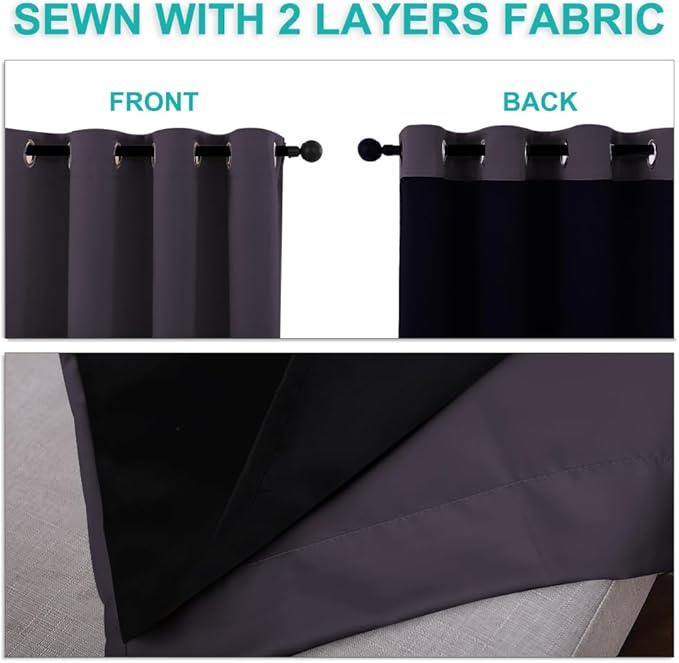 NICETOWN 100% Blackout Curtains for Windows, Pack of 2, Greyish Purple, 52" W x 120" L, Super Heavy-Duty Black Lined Total Darkness Drapes for Bedroom, Privacy Assured Window Treatment for Patio