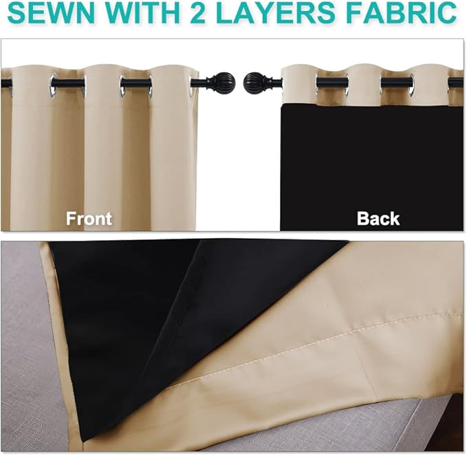 NICETOWN Thermal Insulated 100% Blackout Curtains, Biscotti Beige, 1 Pair, 52 inches x 120 inches, Sound Proof Drapes with Black Backing, Full Light Blocking Panels for Patio Sliding Door