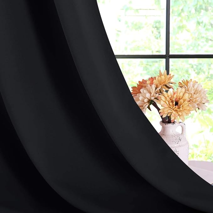 NICETOWN Black Curtains for Boys Room, Set of 2, W34 x L60, Blackout Thermal Insulated Window Treatment Solid Grommet Room Darkening for Bedroom/Night Shift