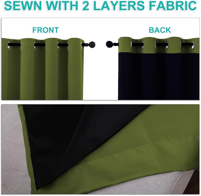 NICETOWN 100% Blackout Curtains 45 inches Long, Olive Green, 1 Pair, 52 inches Width Each Panel, 2 Thick Layers Completely Blackout Window Treatment Thermal Insulated Lined Drapes for Small Window