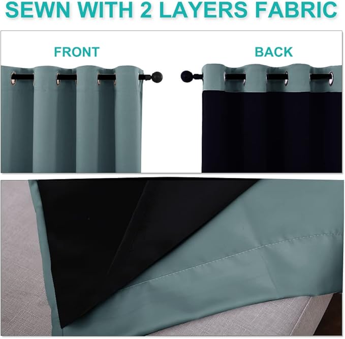 NICETOWN 100% Blackout Curtains for Windows, Pack of 2, Greyish Blue, 52" W x 102" L, Super Heavy-Duty Black Lined Total Darkness Drapes for Bedroom, Privacy Assured Window Treatment for Patio