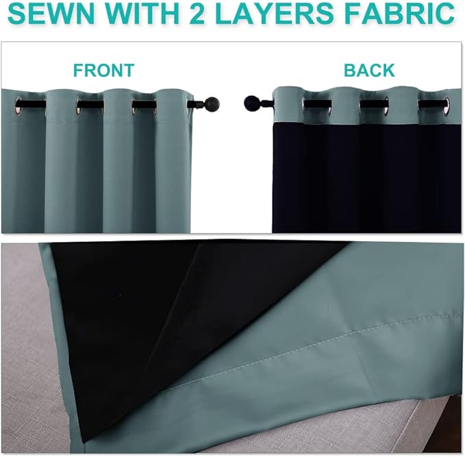 NICETOWN Full Shade Curtain Panels, 37" Wide x 70" Long, Greyish Blue, Pair of Thermal Insulated & Energy Efficiency Blackout Drapes for Living Room, Lined Silky Performance Window Dressing