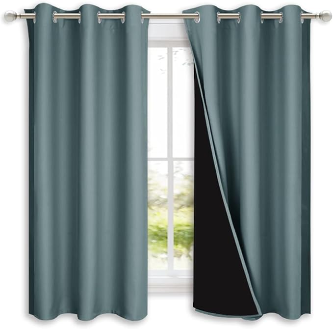 NICETOWN 100% Blackout Short Curtains with Black Liners, 2 Panels, 37" W by 50" L, Greyish Blue, Solid Thermal Insulated Full Blackout 2-Layer Lined Drapes, Energy Efficiency Window Drapes for Bedroom