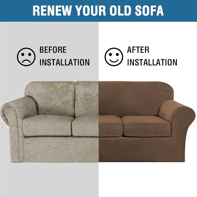 H.VERSAILTEX Modern Velvet Plush 4 Piece High Stretch Sofa Slipcover Furniture Protector Form Fit Velvet Extra Large Sofa Cover for 3 Cushion Couch Width Up to 105 Inch (XL Sofa, Bronze Brown)