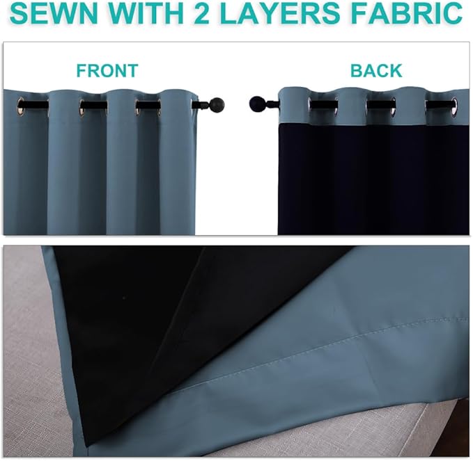 NICETOWN 100% Blackout Lined Curtains, Smoky Blue, 1 Pair, 70" Width x 63" Length Each Panel, 2 Thick Layers Completely Blackout Window Treatment Thermal Insulated Drapes for Kitchen/Bedroom