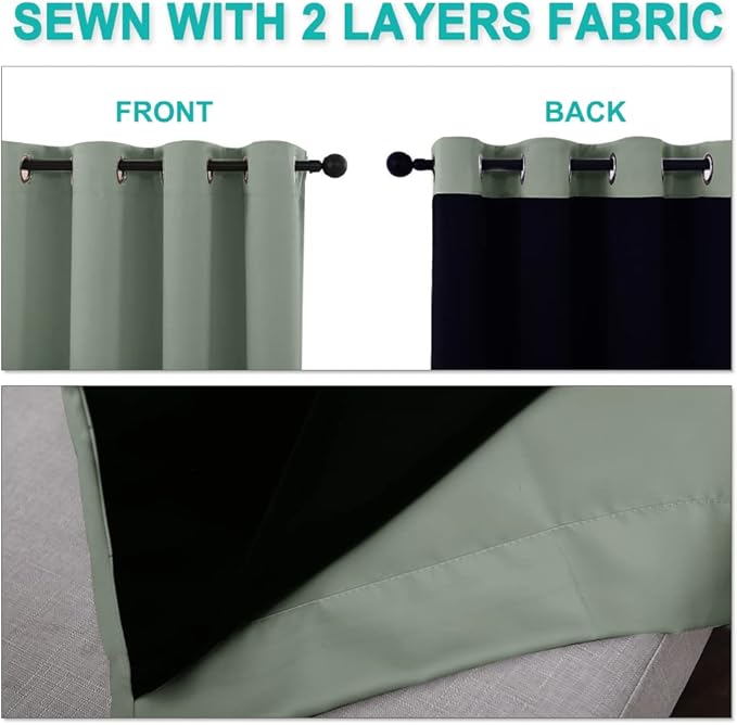 NICETOWN Greyish Green 100% Blackout Curtains 45 inches Long, 2 Thick Layers Completely Blackout Window Treatment Thermal Insulated Lined Drapes for Small Window (1 Pair, 42 inches Width Each Panel)