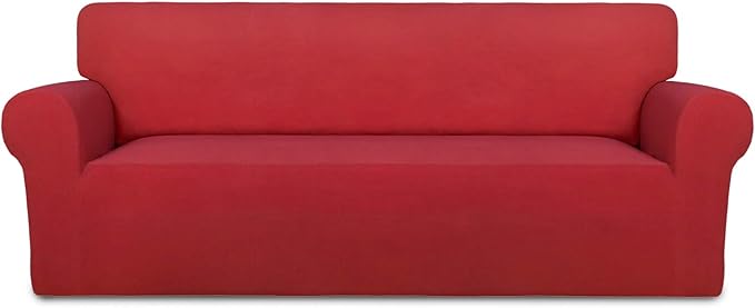 PureFit Super Stretch Sofa Slipcover – Spandex Non Slip Soft Couch Sofa Cover, Washable Furniture Protector with Non Skid Foam and Elastic Bottom for Kids, Pets （Oversized Sofa, Red）