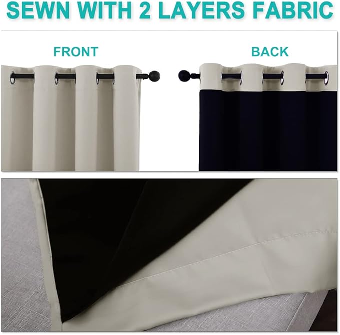 NICETOWN 100% Blackout Window Curtain Panels, Full Light Blocking Drapes with Black Liner for Nursery, 72-inch Drop Thermal Insulated Draperies (Natural, 2 Pieces, 70-inch Wide Per Panel)