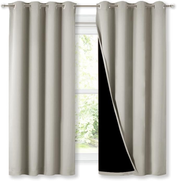 NICETOWN Natural 100% Blackout Lined Curtains, 2 Thick Layers Completely Blackout Window Treatment Thermal Insulated Drapes for Kitchen/Bedroom (1 Pair, 52 inches Width x 63 inches Length Each Panel)