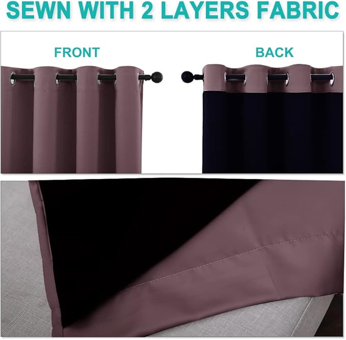 NICETOWN Living Room Completely Shaded Draperies, Privacy Protection & Noise Reducing Ring Top Drapes, Black Lined Insulated Window Treatment Curtain Panels (Dry Rose, 2 Pieces, W55 x L86)