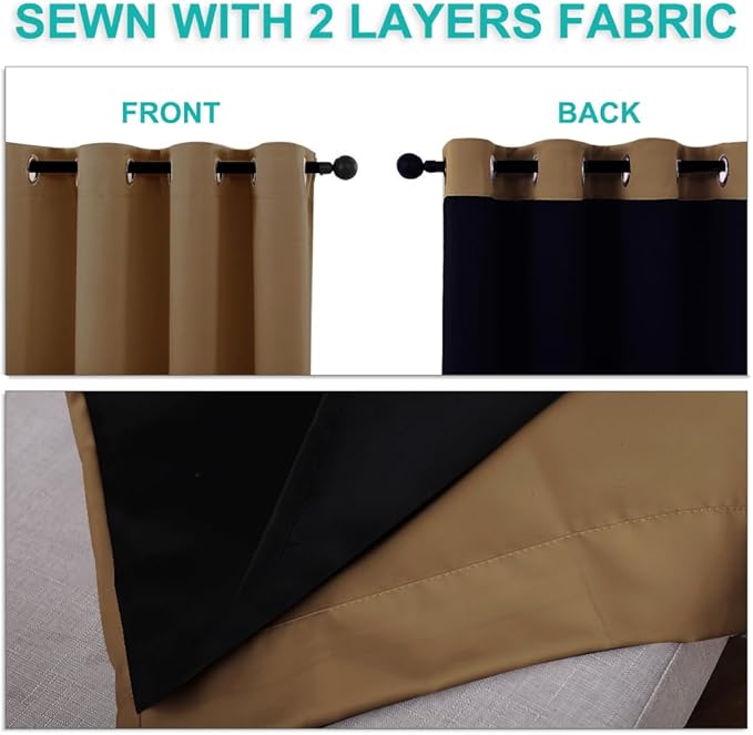 NICETOWN 100% Blackout Curtains with Black Liners, Gold Brown, 2 Panels, 62-inch W by 63-inch L, Thermal Insulated Full Blackout 2-Layer Lined Drapes, Energy Efficiency Window Draperies for Bedroom
