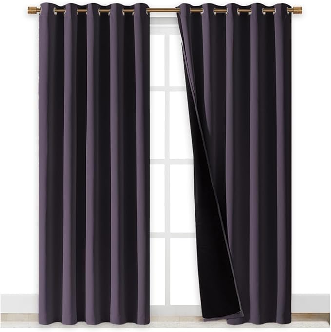 NICETOWN 100% Blackout Window Curtain Panels, Greyish Purple, 2 Pieces, 70" Wide Each Panel, Cold and Full Light Blocking Drapes with Black Liner for Nursery, 84" Drop Thermal Insulated Draperies