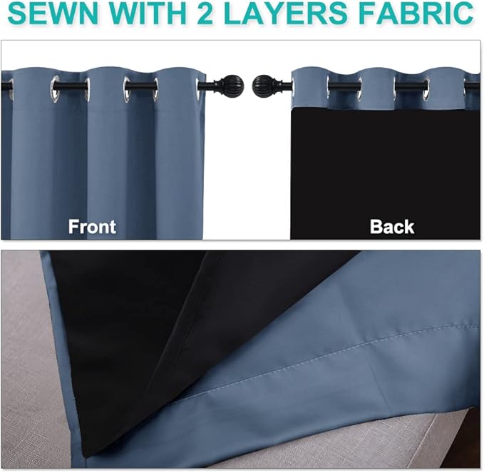 NICETOWN 100% Blackout Blinds, Set of 2, 46" x 96", Stone Blue, Laundry Room Decor Window Treatment Curtains for Large Patio Sliding Door, Thermal Insulated Curtains for Bedroom