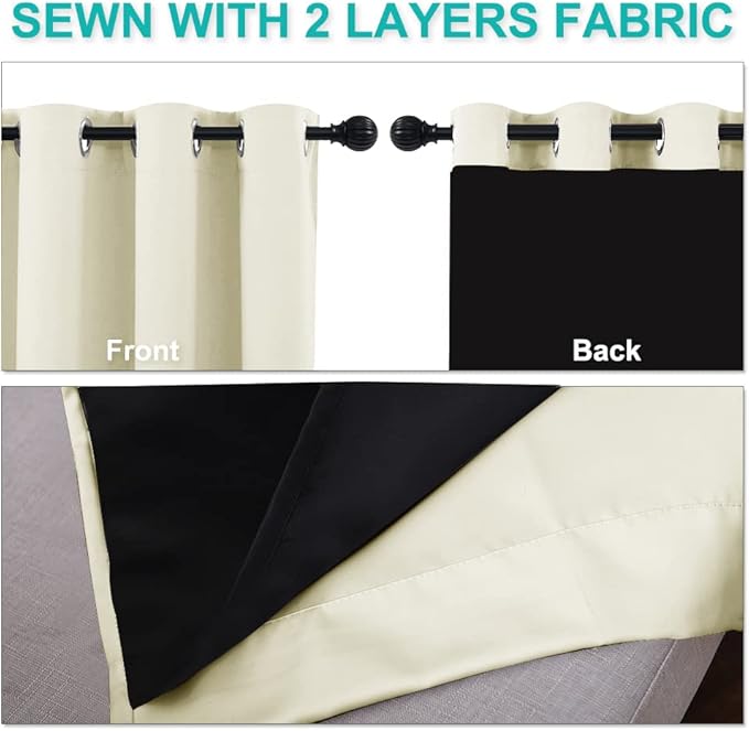 NICETOWN Living Room Completely Shaded Draperies, Privacy Protection & Noise Reducing Ring Top Drapes, Black Lined Insulated Window Treatment Curtain Panels (Beige, 2 Pieces, W37 x L80)