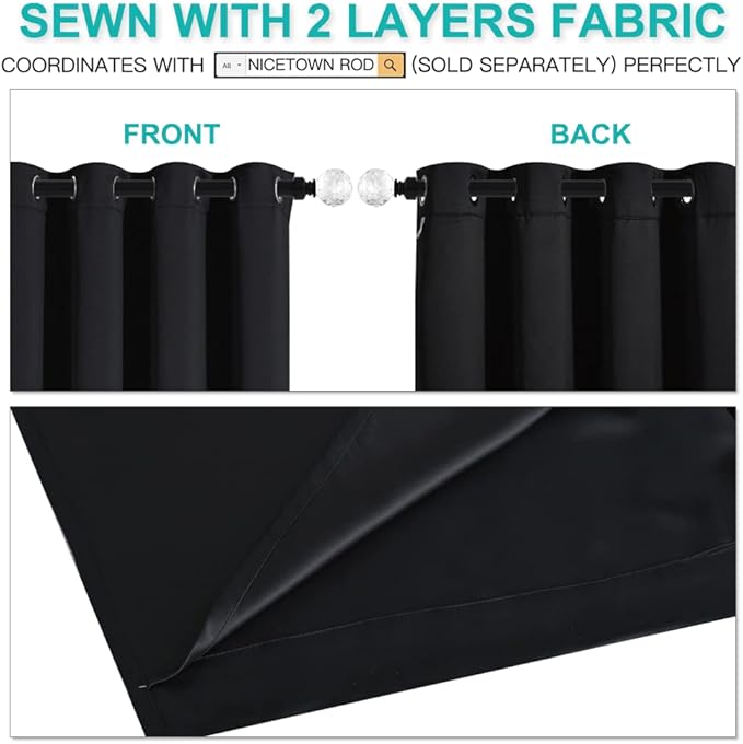 NICETOWN Cold Blocking 100% Blackout Curtains, Durable Black Lined Blackout Curtains for Bedroom, Energy Saving Long Curtains for Patio Sliding Glass Door, Black, 62 inches x 95 inches, 2 Panels