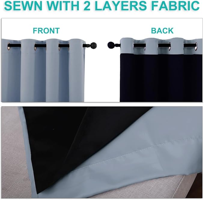 NICETOWN 100% Blackout Curtains for Windows, Pack of 2, Vintage Blue, 52" W x 102" L, Super Heavy-Duty Black Lined Total Darkness Drapes for Bedroom, Privacy Assured Window Treatment for Patio