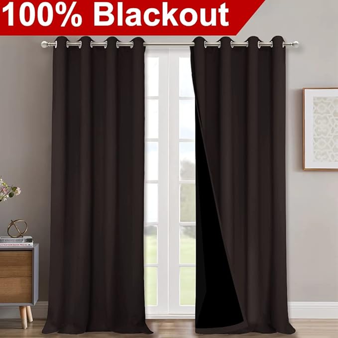 NICETOWN 100% Blackout Curtains for Windows, Pack of 2, Brown, 52 inches W x 102 inches L, Super Heavy-Duty Black Lined Total Darkness Drapes for Bedroom, Privacy Assured Window Treatment for Patio