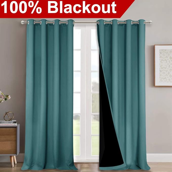 NICETOWN 100% Blackout Curtains for Windows, Pack of 2, Sea Teal, 52" W x 102" L, Super Heavy-Duty Black Lined Total Darkness Drapes for Bedroom, Privacy Assured Window Treatment for Patio