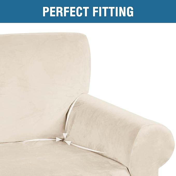 H.VERSAILTEX Stretch Velvet Sofa Covers for 3 Cushion Couch Covers Protector Soft with Non Slip Elastic Bottom, Crafted from Thick Comfy Rich Velour (Large Sofa 90"-97", Cream)
